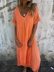 Vestido holgado de lino y algodón de estilo bohemio para mujer, traje largo, suave y transpirable, con cuello en V, Estilo Vintage, para playa, 2024 - Rosa - Ver 4
