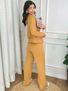 Women's Stylish Tracksuit Set: Sweatshirt With Trim, Hood, And Zipper, And Wide-Leg Pants With Side Pockets - Elegant Women's Jacket, Wide-Leg Pants, Long-Sleeved Blouse, Winter, Cold Weather, Basic, Comfortable, Premium, Comfy, Warm, Thick, Caramel Color. - 駝色 - 查看 2