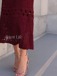 Elegant Women's Midi Knit Dress With Long Sleeves And Lace, Mermaid Style, Ideal For Winter Parties, Shapes The Body. - 勃根地 - 查看 3