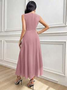 Vestido largo sin mangas de unicolor que ciñe la cintura para mujer - Rosa vieja - Ver 5