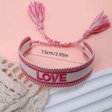 1pc Embroidered Love Letter Boho Handmade Tassel Braided Bracelet - Hot Pink - View 8