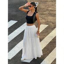 Women Solid Color High Waist Tie Ruffled Hem Maxi Skirt - White - View 3
