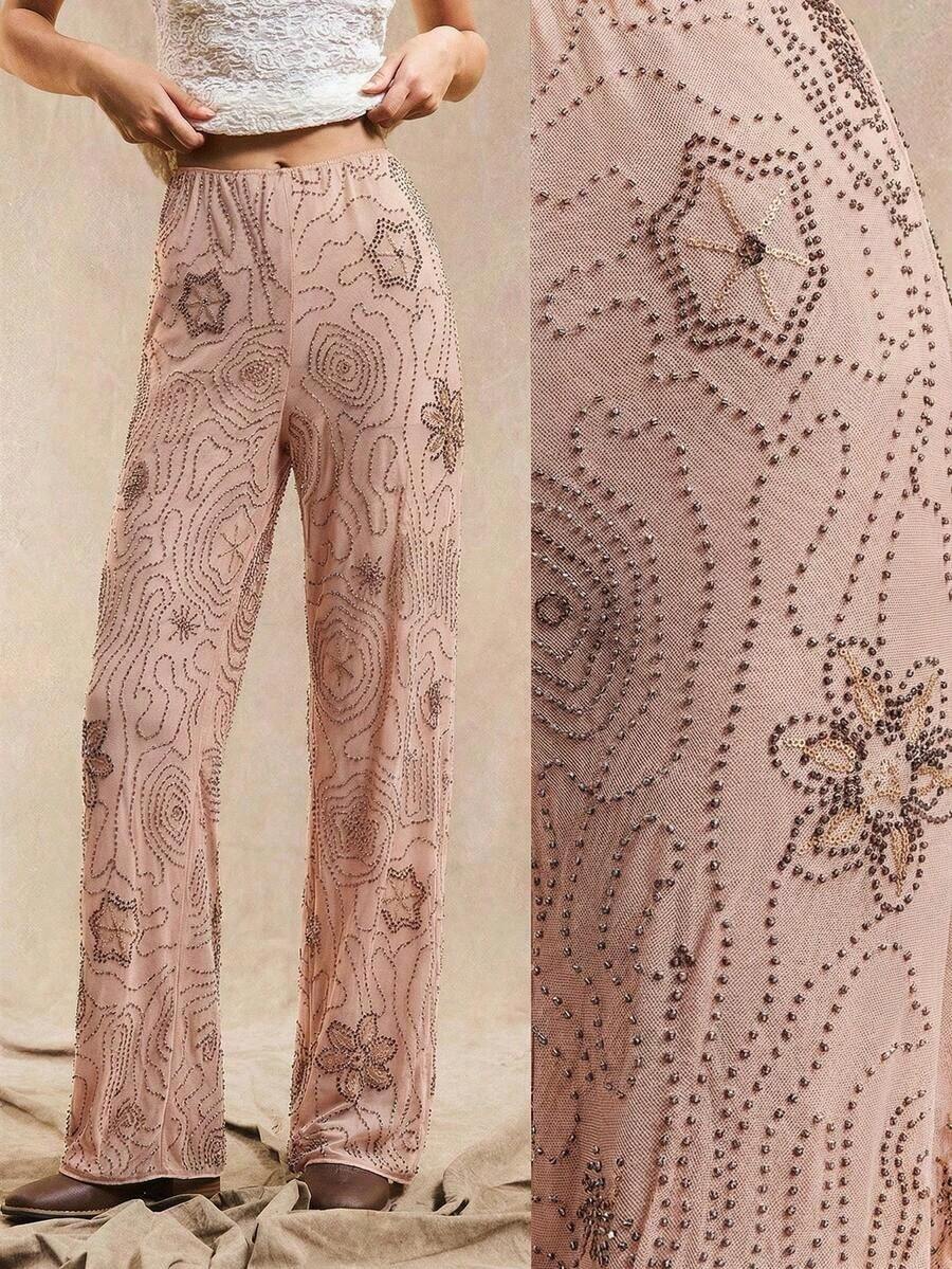 Pantalones rectos holgados de estilo bohemio con patrón de cuentas en color marrón para mujer, de verano - Rosa - Ver 1