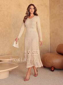 Elegant Women's Midi Knit Dress With Long Sleeves And Lace, Mermaid Style, Ideal For Winter Parties, Shapes The Body. - 沙 - 查看 8