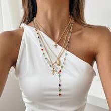 Set de 4 collares rosario de varios niveles chapados en plata, con cristales de colores incrustados, colgante de Virgen María y cruz, estilo gótico Y2K de cadena multicapa, joyería personalizada para mujer, adecuada para uso diario y festividades - Dorado - Ver 8