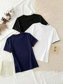 Set de 3 camisetas de mujer de cuello redondo de ajuste ceñido, 95% algodón, en negro, blanco y gris, aptas para todas las estaciones, interior y exterior, con estilo vintage y lindo para verano, para salidas de verano, hogar, vuelta al cole, otoño - Multicolor 13 - Ver 2