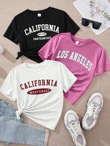 Single Garment Pack, Not A 3-Piece Set. 1 Piece/Set Of Short-Sleeved T-Shirts Suitable For Streetwear, Daily Outings, Camping, Concerts, Hip-Hop, Rock, And Rap Events. Printed T-Shirts For Women, Straight Cut, Short Sleeves, Round Neck, Los Angeles, California, San Francisco Cities, Lettering - 白色 - 查看 7