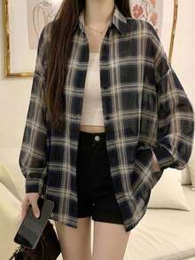 女士格子衬衫，夏季新款休闲宽松上衣 - 藍格 - 查看 6