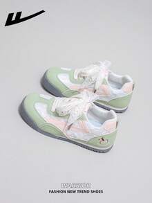 WARRIOR Women's Thick Sole Lace-Up Soft Bottom Casual Sneakers, Low-Top Flat Outdoor Shoes, Summer Commuter Shoes, Round Toe Elegant Soft Sole Hiking Shoes, Suitable For Students Graduation Photo, Women's Low-Top Microfiber Sports Skateboard Shoes - Green/Beige/Pink - View 5