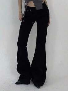 Jeans de tiro bajo con diseño de bolsillo, estilo casual y versátil - Negro - Ver 3