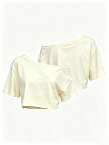 1pc Solid Color Asymmetric-Shoulder Cropped T-Shirt, Casual & Date Wear, Spring/Summer - Apricot - View 4