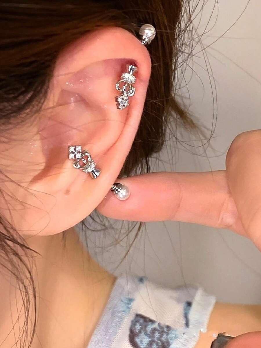 1pc Ear Cuff Earring With Heart & Planet Faux Pearl Zirconia Stone Design, Unique & Delicate Earring - Antique Silver - View 1