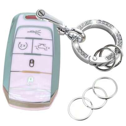 Key Protective Shell For RAM Key Fob Cover With Keychain Fit For RAM 1500 2500 3500 Smart Key Case Accessories 5-Button-Pink-Silver