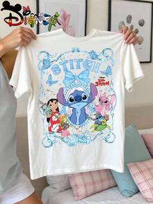 Disney Licensed Lilo & Stitch Bow Frame Double-Sided Print Kids' T-Shirt, Cute Cartoon Casual Tee, Perfect For Daily Wear, School Activities, Family Outings And Theme Park Trips, Shipped From Local Warehouse - 白色 - 查看 2