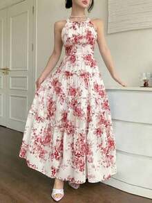 Vestido elegante sin mangas con cuello redondo y volantes hasta la pantorrilla para mujeres, vestido maxi floral de estilo boho para vacaciones de verano - Rojo - Ver 6