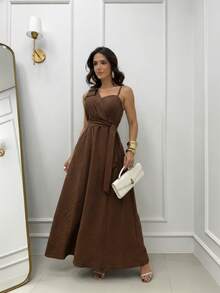 Women's Long Dress With Thin Straps And Bow, Elegant, Chic Party, Wedding, Graduation, Modest Fashion, Padded Bra, Size 3. - Chocolate Brown - View 1