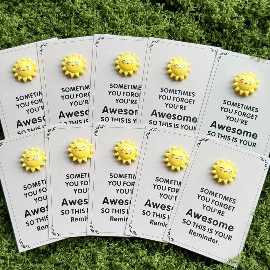 10pcs Set Of Fun Resin Sun Statues With Inspiring Greeting Cards Suitable For Holiday Parties, Gifts And Positive Support Gift