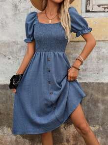 Vestido de manga abullonada efecto denim corte evasé para mujer - Azul - Ver 5