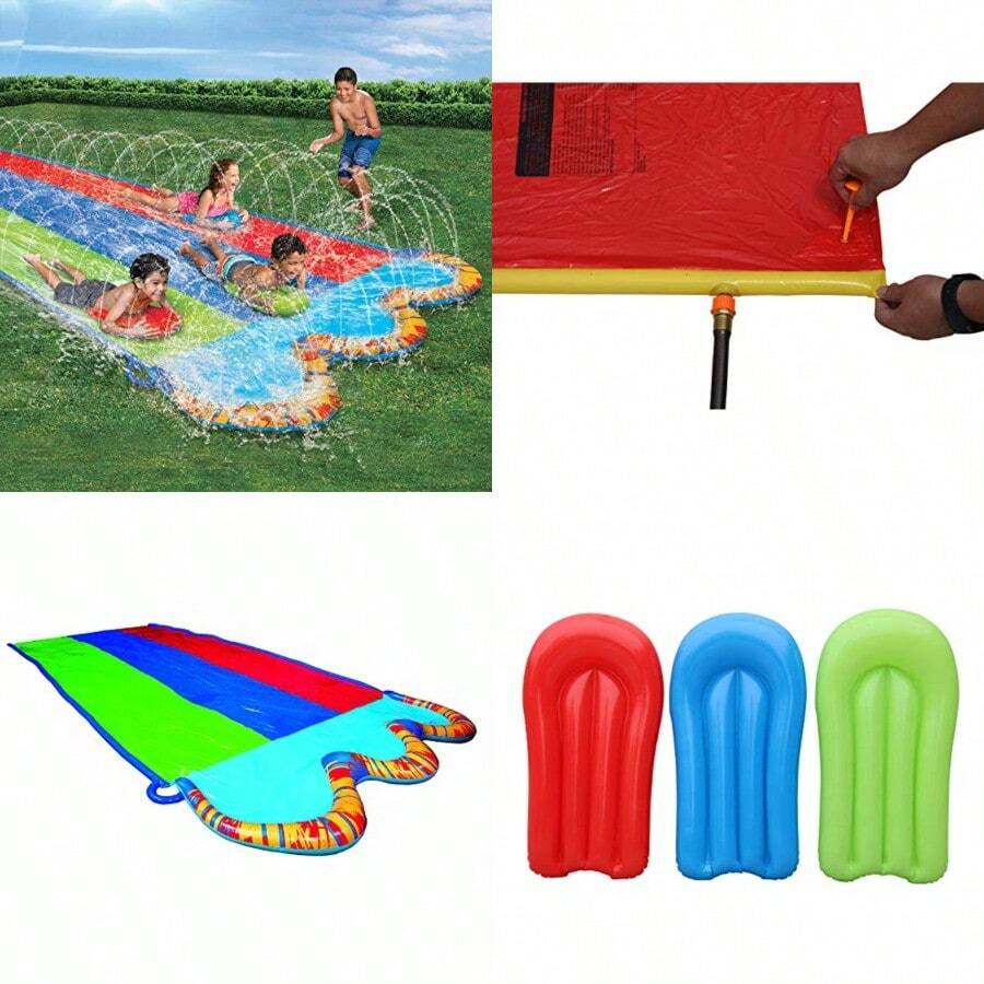 BANZAI Triple Racer - Tobogán acuático 3 Tierras de Carreras y Piscina de Salpicaduras - Azul - Ver 1