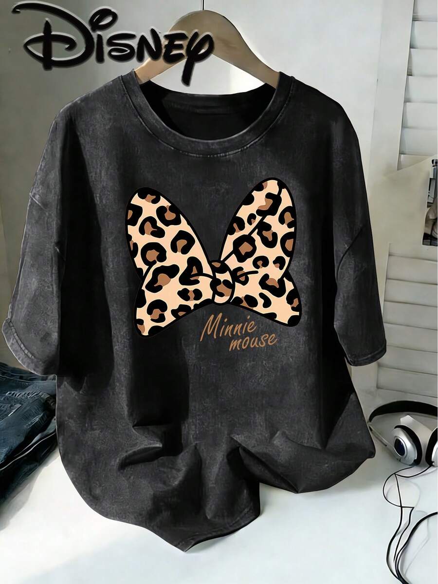 Disney Minnie Mouse Leopard Bow Minnie Mouse Logo Creative Printing Design  Oversized Fashion Old T-Shirt 2026 Spring And Summer Round Neck T-Shirt Style Retro Fashion Lovers Popular Old Round Neck T-Shirt Unisex, Excellent Gift. - Black - View 1