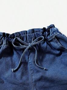 Shorts en mezclilla de cintura con volante bajo de doblez - Gris - Ver 9