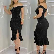 Vestidos de Fiesta Sexy para mujer, vestido elegante de moda, hombros descubiertos, lentejuelas, volantes, vestidos irregulares, vestido de noche para mascarada - Negro - Ver 1