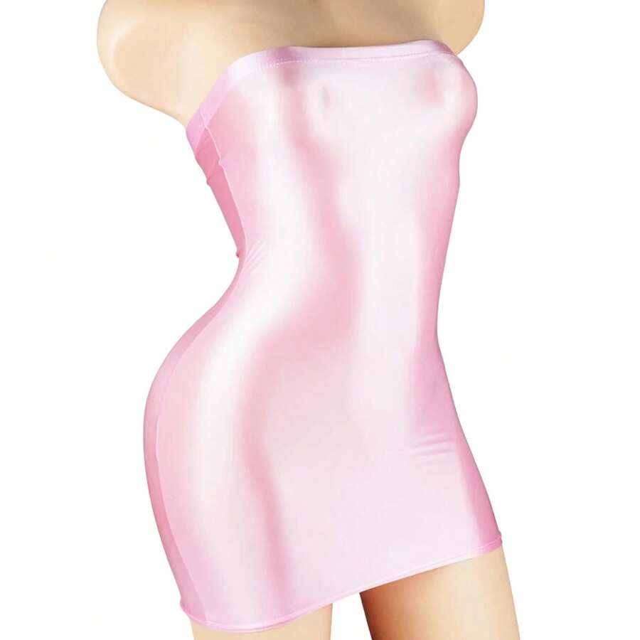 Mini vestido Sexy de satén brillante transparente, minivestido transparente, ajustado, ajustado, liso, para Club - Rosa - Ver 1