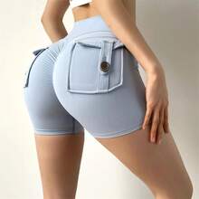 Deporte con bolsillo para glúteos para mujer, mallas ajustadas de cintura alta para entrenamiento físico, pantalones cortos de ciclismo con realce, ropa de gimnasio - 3 - Ver 5