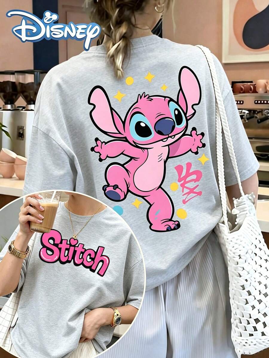 Camiseta de cuello redondo de moda para mujer, de gran tamaño, con estampado de Stitch saltando en un vibrante color rosa con temática de Disney, perfecta para usar en ocasiones informales en primavera y verano: un regalo considerado para ella. - Gris Claro - Ver 1
