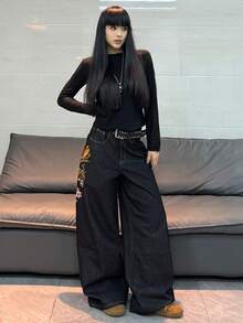 1件美式街頭風女款刺繡寬鬆寬腿牛仔長褲，四季休閒黑色秋季款 - 黑色 - 查看 3