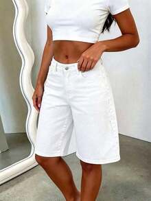 Classic Casual Boyfriend Style Denim Knee Length Shorts For Men, With Pockets, Buttons And Zipper, Straight Leg, Non-Stretch Fabric Summer - Blanco - Ver 3