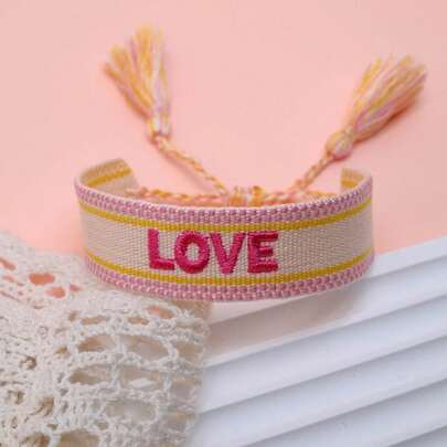1pc Embroidered Love Letter Boho Handmade Tassel Braided Bracelet