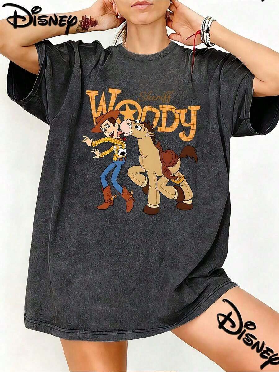 Disney Toy Story Sheriff Woody And Bull's Eye Retro Washed Black Oversized Cotton T-Shirts, Retro Loose T-Shirts Suitable For Women And Men, Very Suitable For Disney Fans, Daily Wear And Gifts, Holiday Gifts For Casual Couples, Unisex, Excellent Gifts. - màu đen - Xem 1
