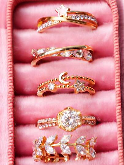 5pcs Set Elegant Luxury Unique Rhinestone Star Gold Ring Set, Sophisticated Fashion Jewelry Gift For Women, Suitable For Bride, Daily Wear, Holiday, Party