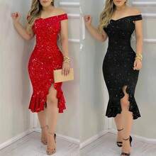 Vestidos de Fiesta Sexy para mujer, vestido elegante de moda, hombros descubiertos, lentejuelas, volantes, vestidos irregulares, vestido de noche para mascarada - Negro - Ver 3