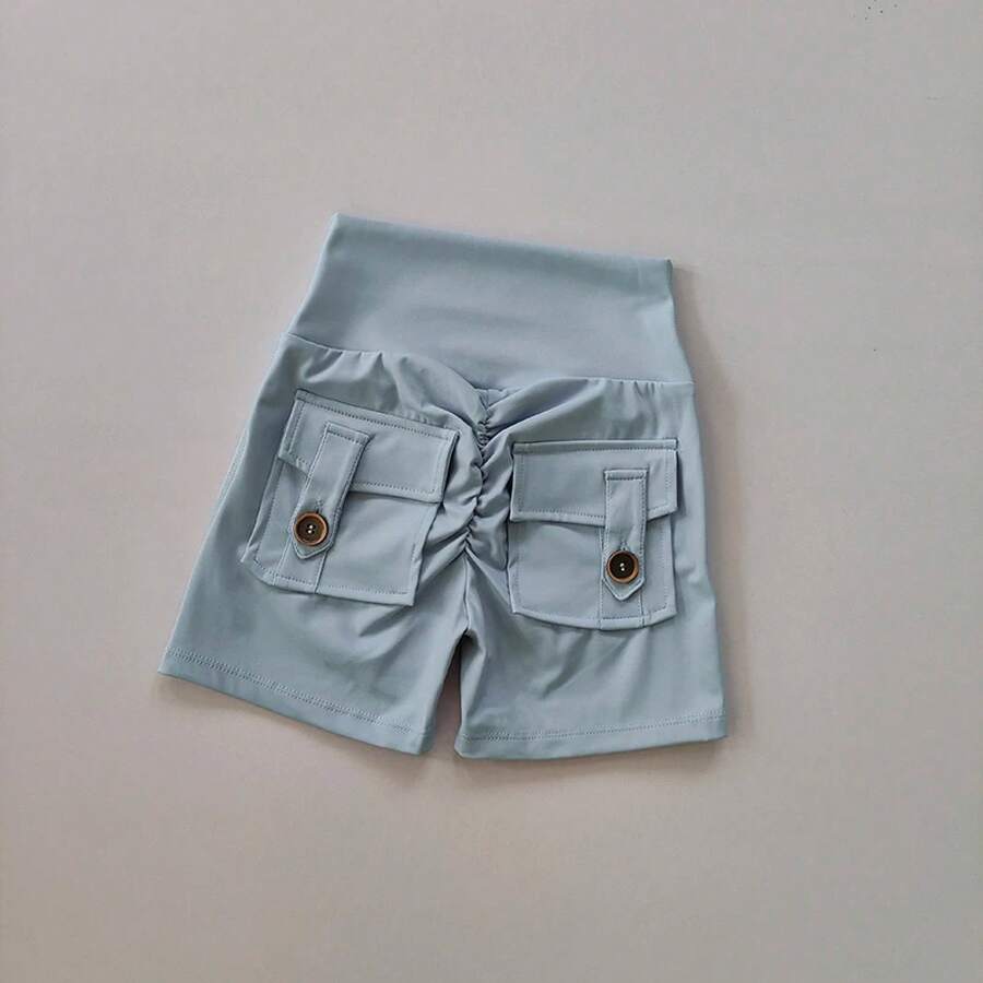 Pantalones cortos de cintura alta sin costuras para mujer, Pantalón deportivo ajustado con bolsillos para correr, entrenamiento, baile, levantamiento de cadera - Azul - Ver 1