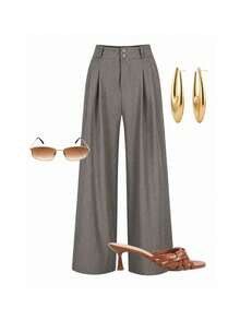Women's Casual High Waist Wide Leg Pants With Pockets - Grey - View 7