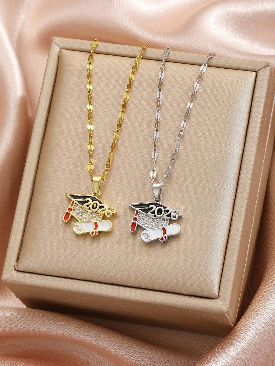 1 chiếc mặt dây chuyền hình mũ tốt nghiệp và sách đính đá Cubic Zirconia tối giản, màu đen & đỏ, dây chuyền môi bằng thép không gỉ mạ vàng/bạc, món quà tốt nghiệp thanh lịch dành cho cả nam và nữ, thích hợp làm quà tặng cho gia đình, bạn bè, con trai, con gái, cháu, bạn thân. - Nhiều màu - Xem 1