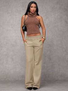 Pantalones casuales de unicolor y talle bajo para mujer - Caqui - Ver 3