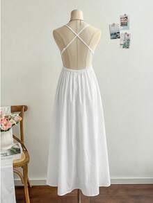 Vestido blanco de mujer sin mangas con cuello en V profundo y espalda abierta, estilo A-line, elegante y casual para resort - Blanco - Ver 8