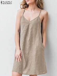 ZANZEA-vestido con tirantes y espalda descubierta para mujer, vestido liso sin mangas con cuello en V, informal, para fiesta y playa, de gran tamaño, 2023 - Marina de - Ver 2