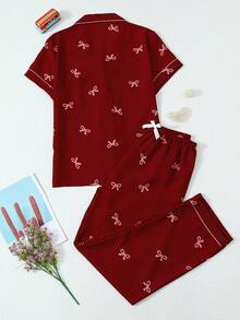 2pcs Comfortable Striped Bow Print Short Sleeve Top And Bow Tie Pants Women Pajama Set, Loungewear - Red - View 2