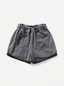 Shorts en mezclilla de cintura con volante bajo de doblez - Gris - Ver 2