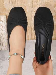 Women's Suede Bow Ballet Shoes, Square Toe Casual Slip-On Loafers - Black - View 5