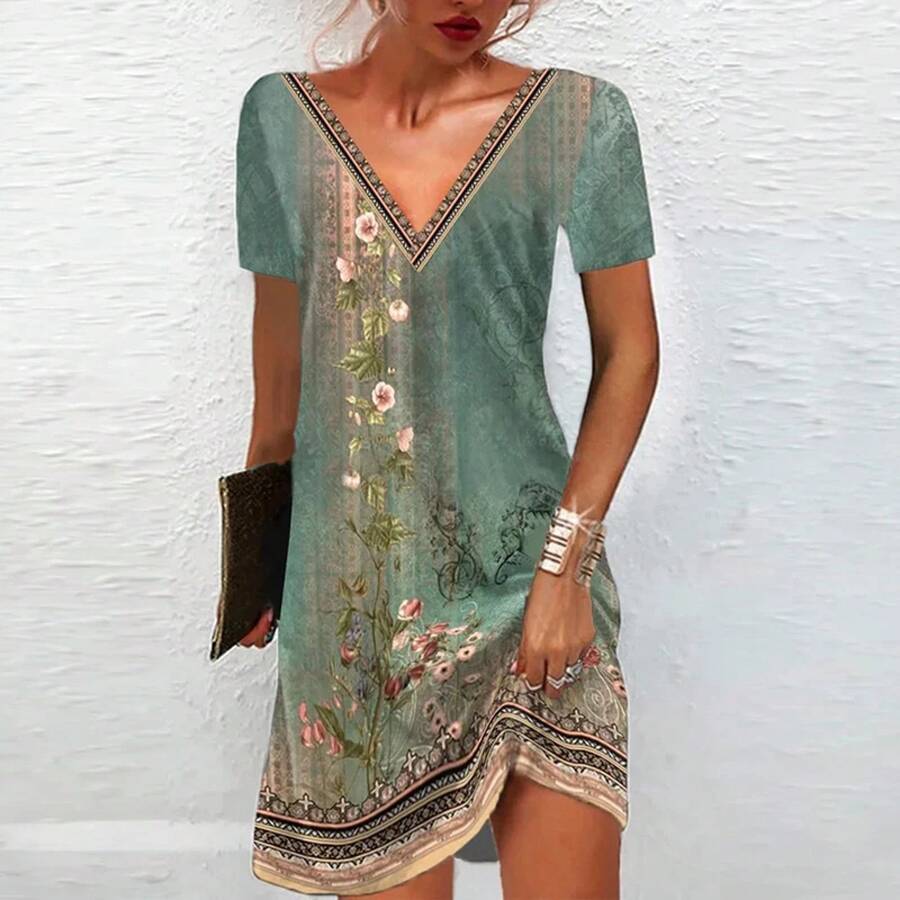 Vestido corto bohemio de verano para mujer, minivestido de manga corta con cuello en V, estampado Vintage de flores, holgado, elegante, para vacaciones en la playa - 01 - Ver 1