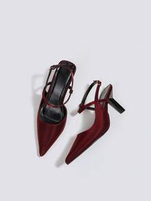 Escarpins à talons hauts bordeaux pour femmes, chaussures de soirée à bride arrière ouverte, chaussures de mariage, chaussures formelles Mary Jane, sandales à talons aiguilles pointus avec boucle et sans lacets - Rouge foncé - Voir 1