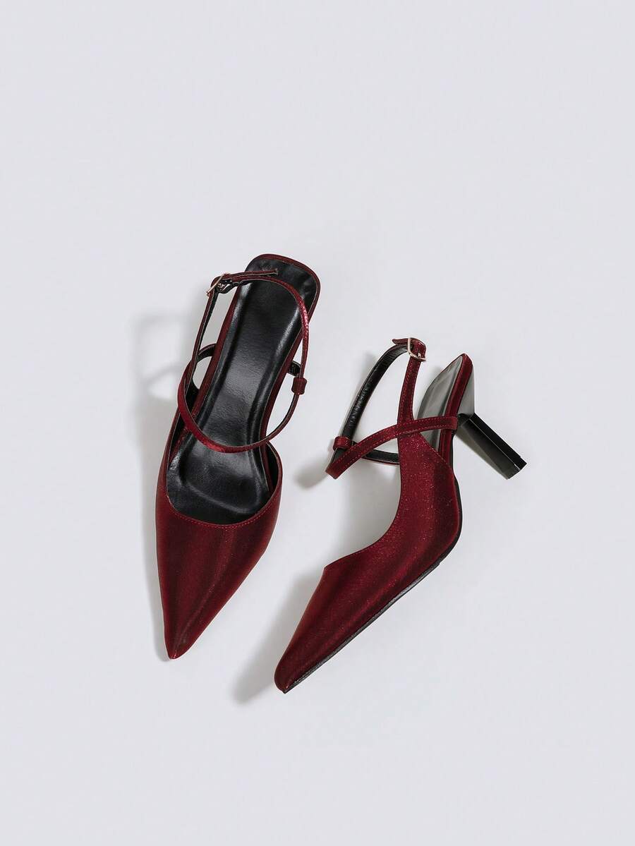 Escarpins à talons hauts bordeaux pour femmes, chaussures de soirée à bride arrière ouverte, chaussures de mariage, chaussures formelles Mary Jane, sandales à talons aiguilles pointus avec boucle et sans lacets - Rouge foncé - Voir 1