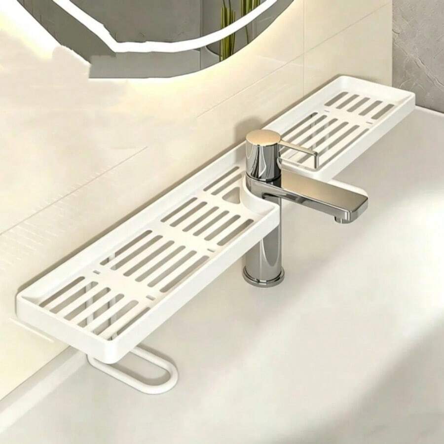 1pc Vertical Faucet Shelf, Bathroom Vanity Organizer Rack, Wall Mounted No Drilling Needed Mirror Front Storage Shelf - Multicolor - View 1