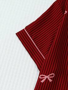 2pcs Comfortable Striped Bow Print Short Sleeve Top And Bow Tie Pants Women Pajama Set, Loungewear - Red - View 4