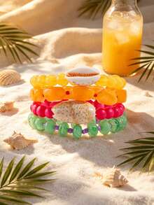 4pcs/Set Bohemian Style Colorful Beaded Elastic Bracelets, Summer Beach Style Resin Bead & Shell Pendant Bracelets, Boho Casual Stackable Bracelets For Women - Multicolor - View 8